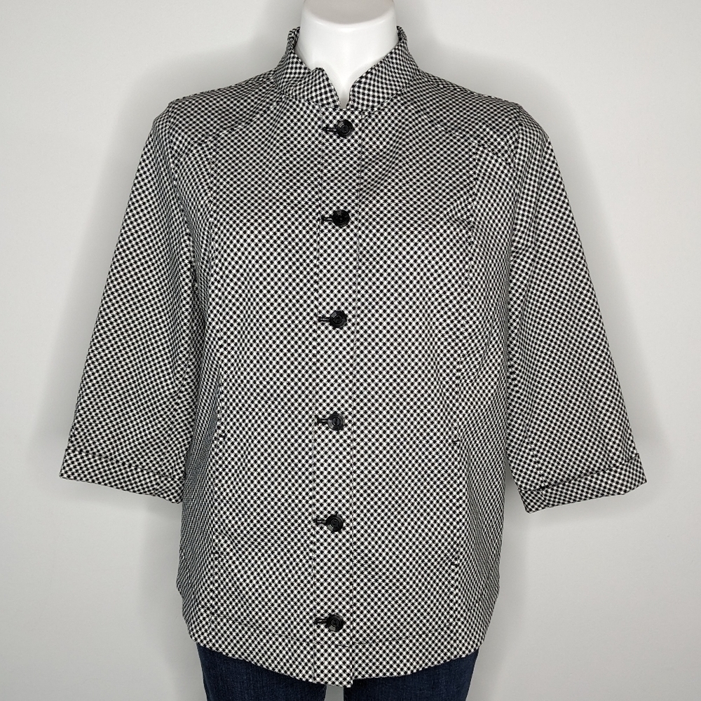 NWT Chico's black white perfect stretch diamond gingham button up jacket M